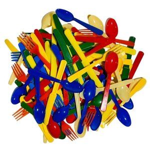 100 Plastic Cutlery Utensil Flatware Spoons Forks Knives MCM VTG 1960 USA Taiwan